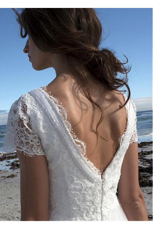 Boho V Neck Empire Lace Tulle Beach Wedding Dress 