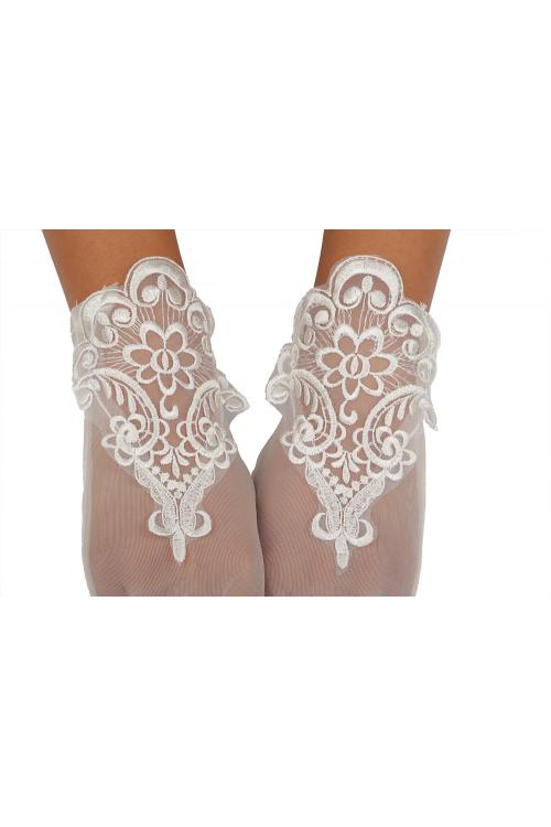 Ivory Full Finger Short Lace Trimmed Wedding Gloves For Bride 2BL