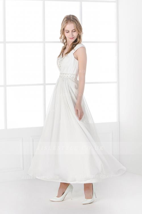 Shoulder Straps Beading A-line Tea Length Ivory Chiffon Civil Wedding Dress