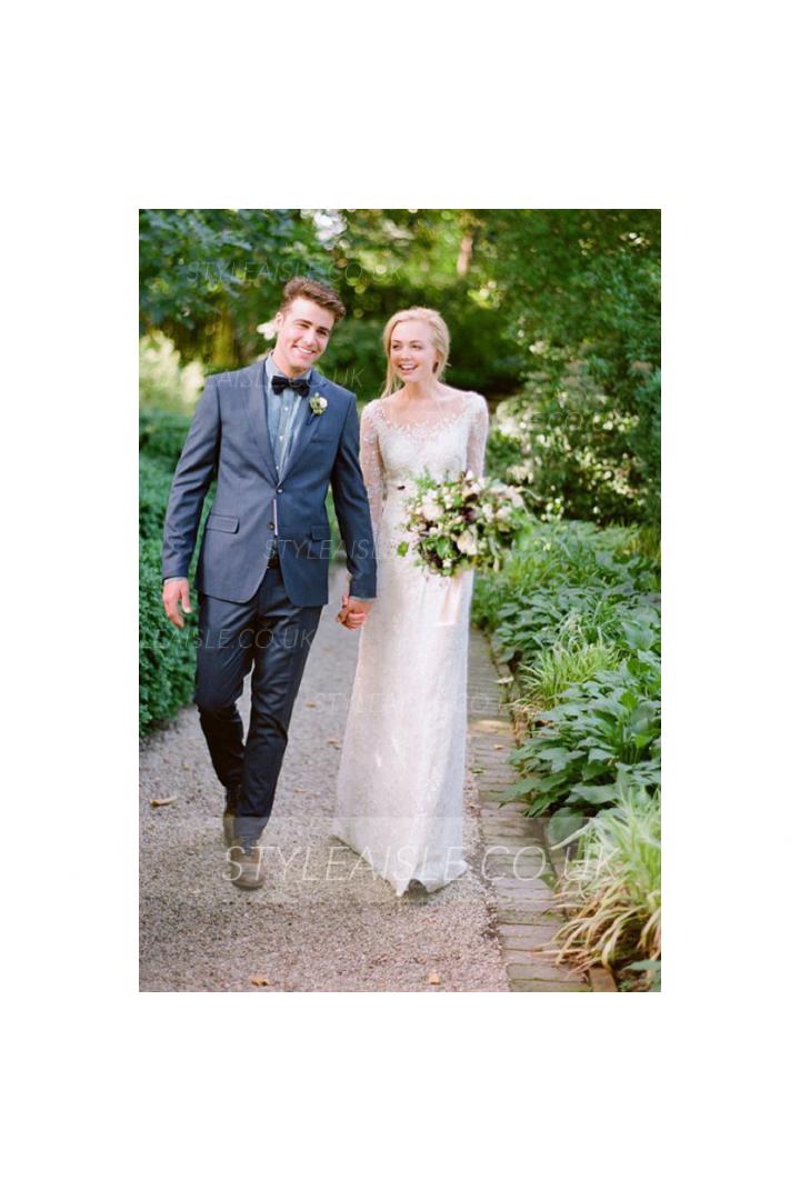 Sparkly Sequin Lace Embroidery Long Sheath Rustic Wedding Dress 