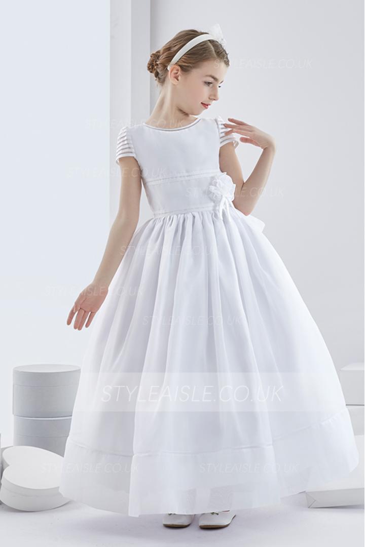 Short Sleeve Ball Gown Long Orgazna First Communion Dress with Flowers and Bow 