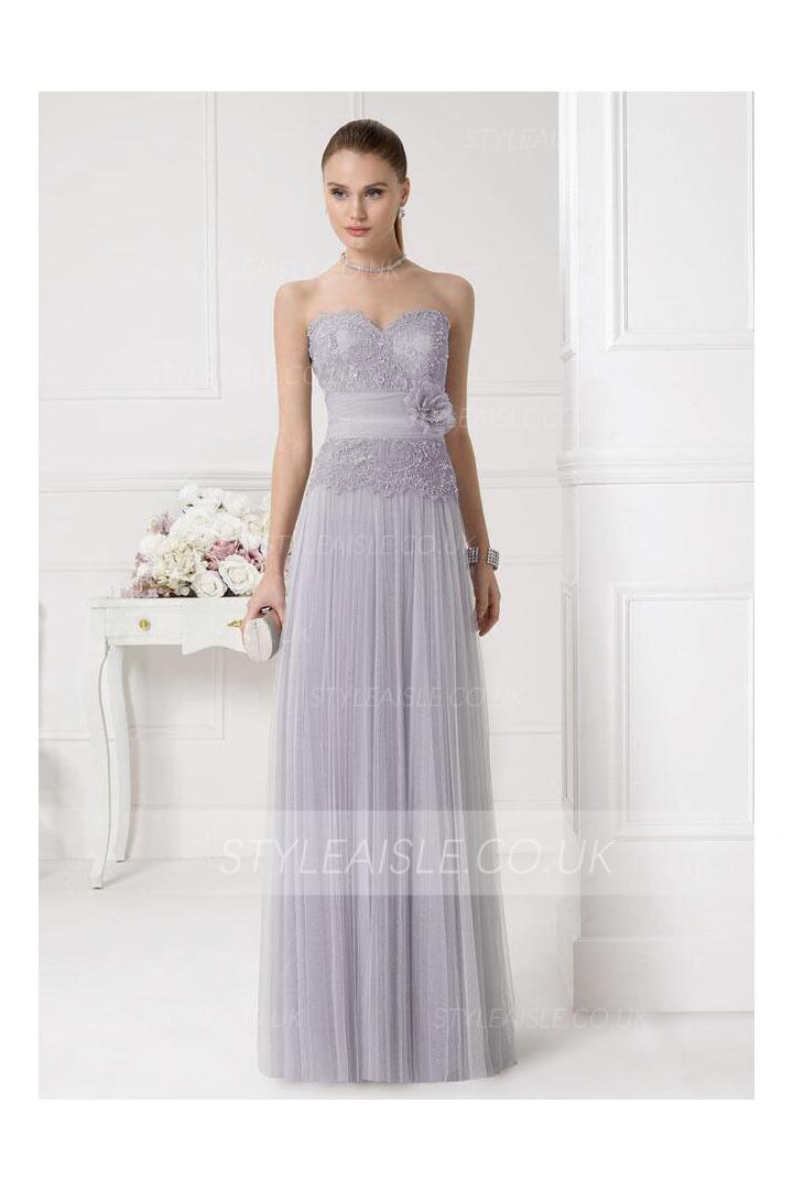 Silver Half Sleeved Lace Top A-line Tulle Bridesmaid Dress 