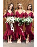  Trumpet/Mermaid V-neck Ruffles Asymmetrical Long Charmeuse Bridesmaid Dresses