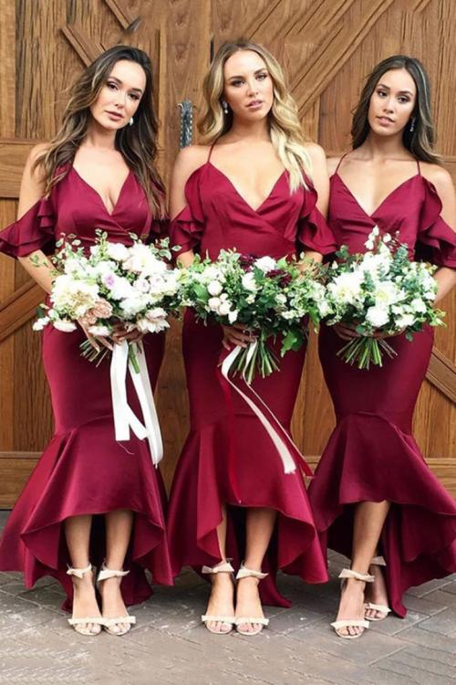  Trumpet/Mermaid V-neck Ruffles Asymmetrical Long Charmeuse Bridesmaid Dresses