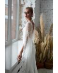 Queen Anne Neck Lace Shoulders Split Sweep Train Long Satin Reception Wedding Dresses