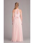 Chic Halter Neck Pleated Long Pearl Pink Chiffon Bridesmaid Dress with Sash 