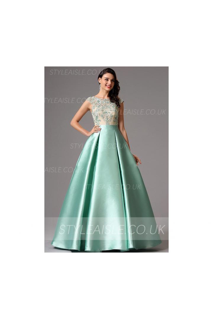 Bateau Neck Long A-line Mint Green Satin Prom Dress with Cap Sleeves