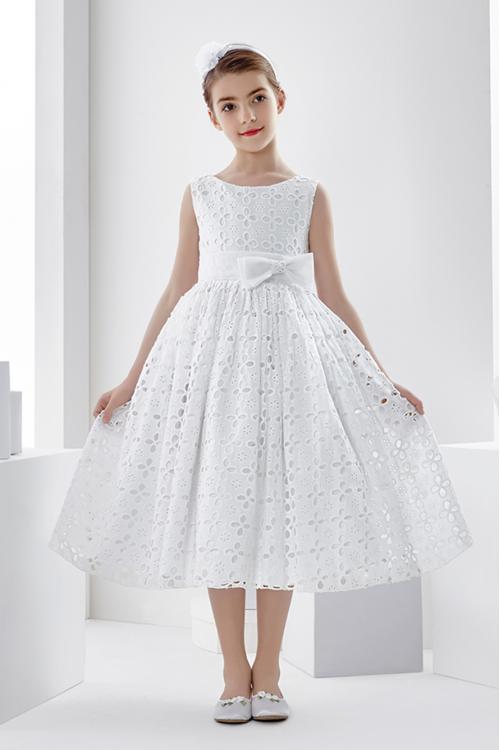  Ball Gown Short Sleeve Hand Made Flowers Tea-length Communion Dress