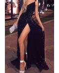 One Shoulder Sleeveless Sequins Floor-length Long Evening Dress