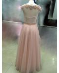 Bateau Illusion Neck Long A-line Blush Tulle Prom Dress 