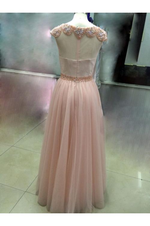 Bateau Illusion Neck Long A-line Blush Tulle Prom Dress 