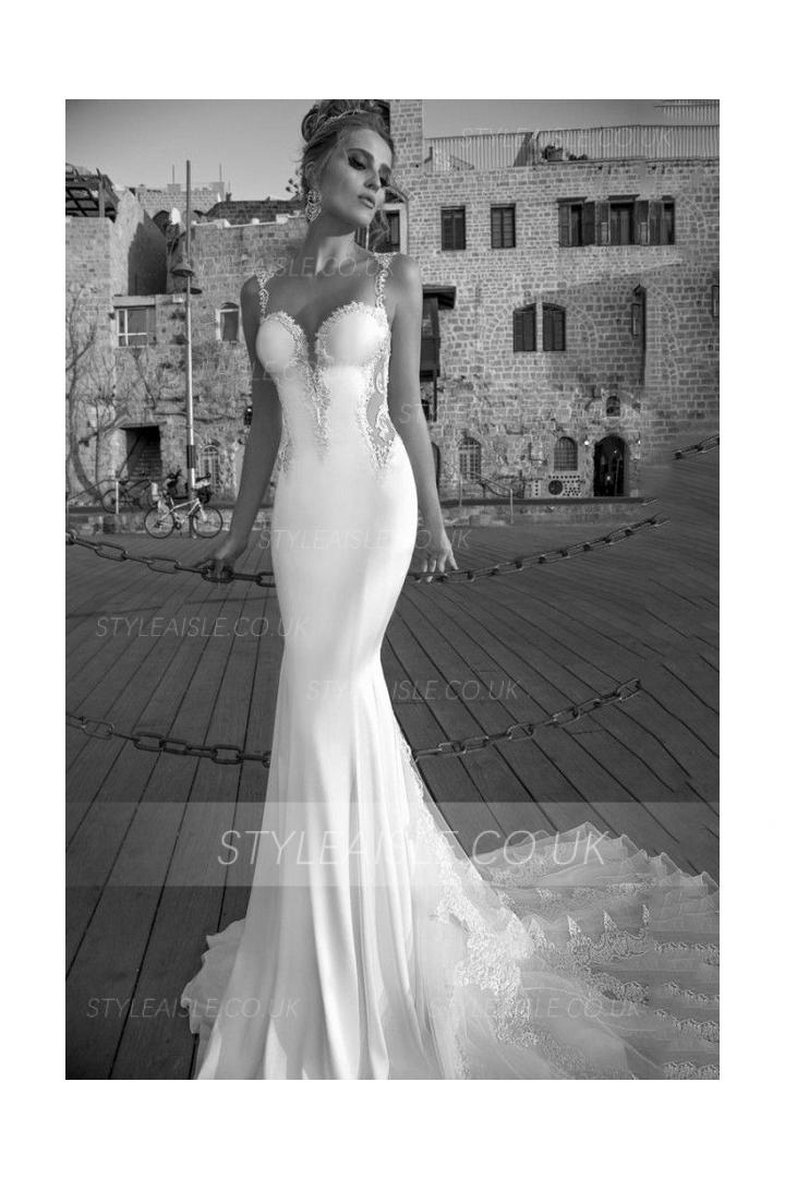 Sexy Meramid Lace Straps Long White Jersey Wedding Dress 
