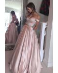 Off Shoulder Long Satin Prom Dress with Beading Band 