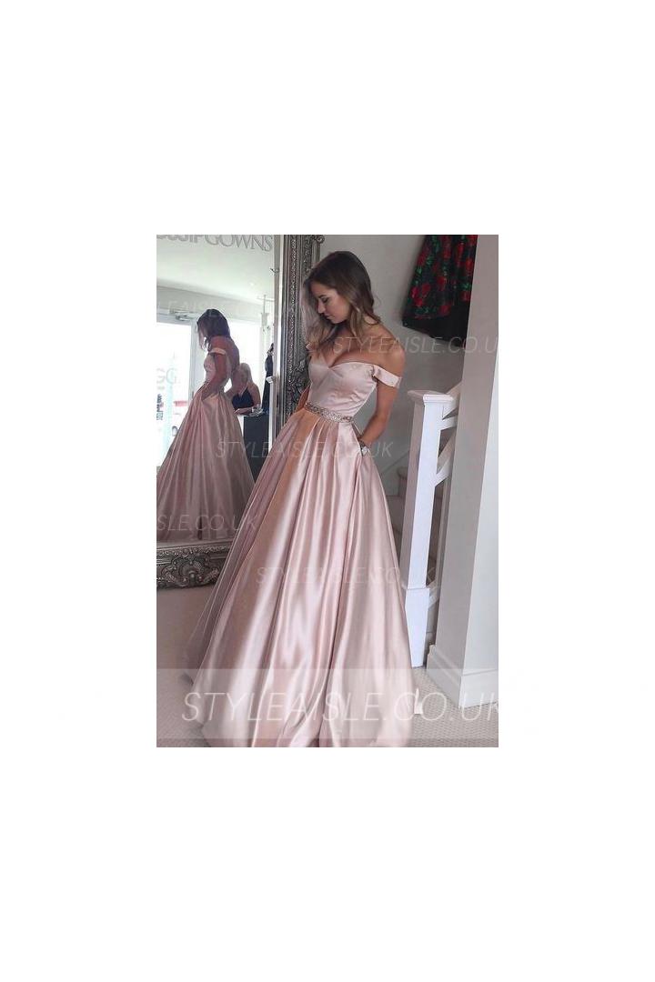 Off Shoulder Long Satin Prom Dress with Beading Band 