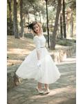 Gorgeous Half Sleeved Tea Length Short Wedding Dress with Black Sash 