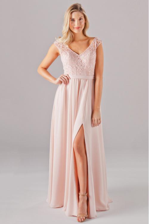 Blush Lace Embroidery Long Chiffon Bridesmaid Dress High Slit with Ribbon