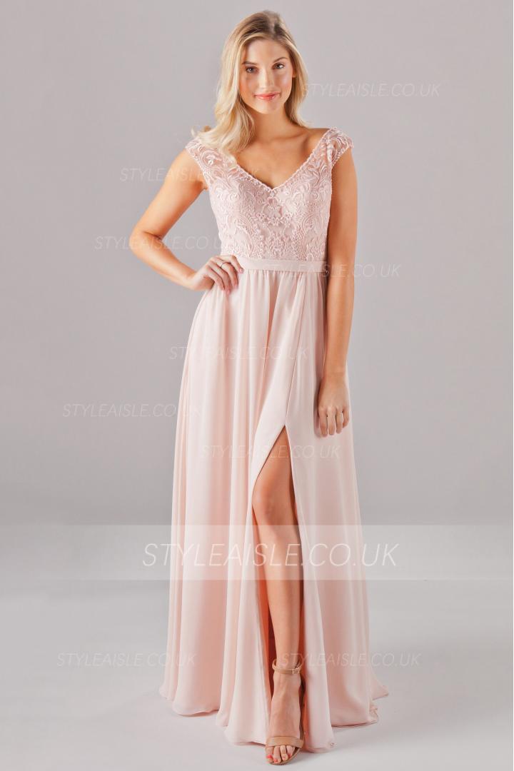 Blush Lace Embroidery Long Chiffon Bridesmaid Dress High Slit with Ribbon