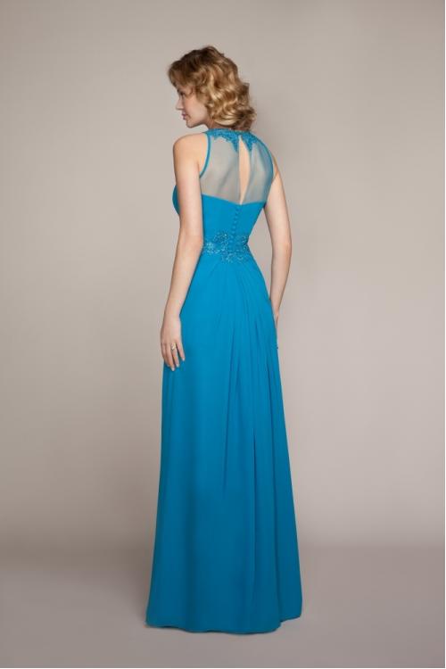 Illusion Jewel Neck Lace Appliques Long Chiffon Bridesmaid Dress 