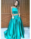 Two Piece Spaghetti Straps A-line Puffy Satin Prom Dress 
