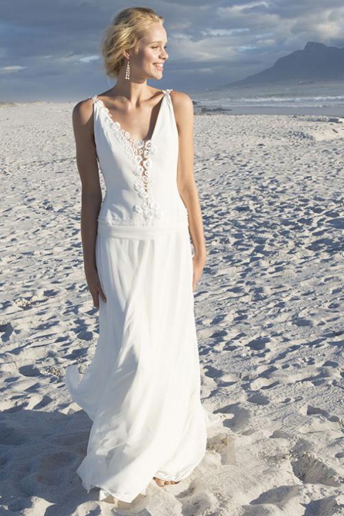 V Neck A-line Ivory Chiffon Wedding Dress with Lace 