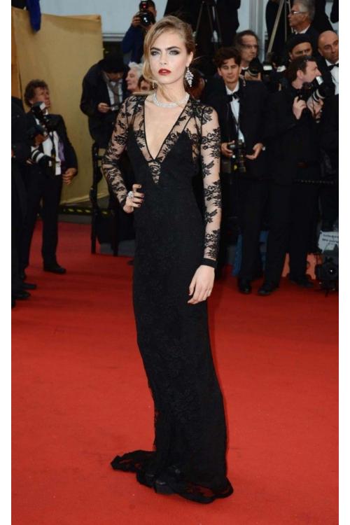  Sheath V-neck Long Sleeve Black Lace Long Celebrity Prom Dress