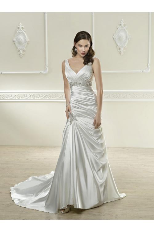 Sexy A-line V-neck Beading&Sequins Ruching Sweep/Brush Train Satin Wedding Dresses 