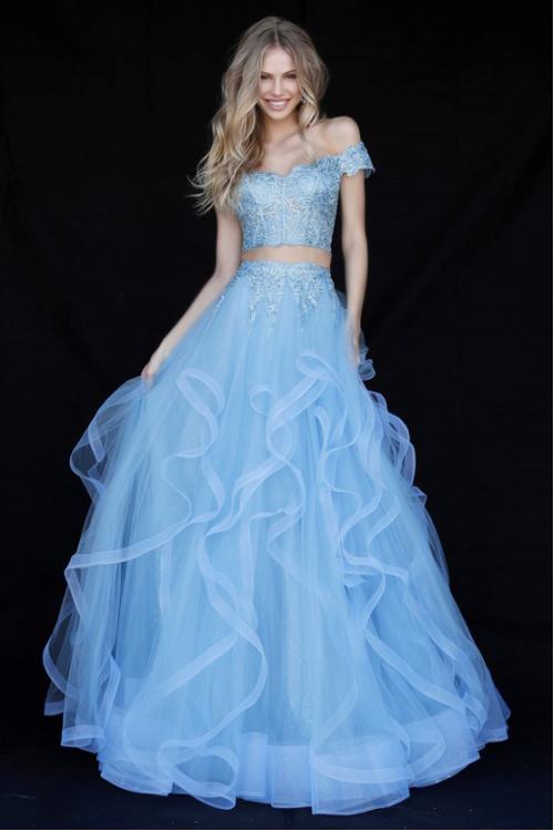 Modern Two Piece Sequin Lace Off Shoulder Long Sky Blue Tulle Prom Dress