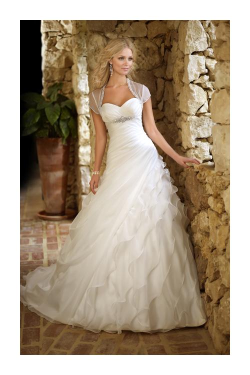 Charming A-line Sweetheart Beading&Sequins Cascading Ruffles Ruching Sweep/Brush Train Organza Wedding Dresses