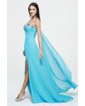 Sleeveless One Shoulder Split Long Blue Chiffon Simple Junior Prom Dress 