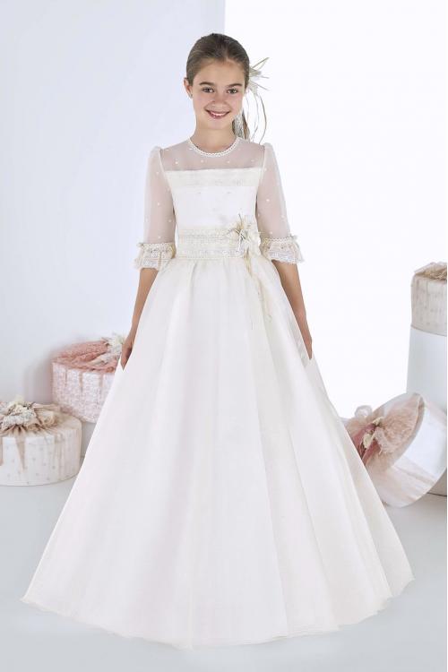 Vintage Half Sleeves Lace Long A-line Ivory Organza First Holy Communion Dress