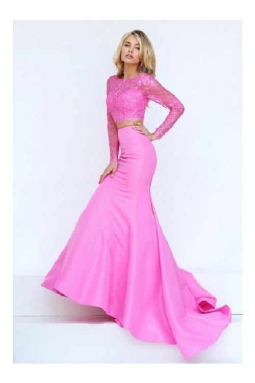 Two Piece Jewel Neck Long Sleeved Mermaid Long Taffeta Prom Dress 