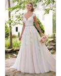 Beautiful V Neck A-line Princess Wedding Dress Lace Appliques with Sash