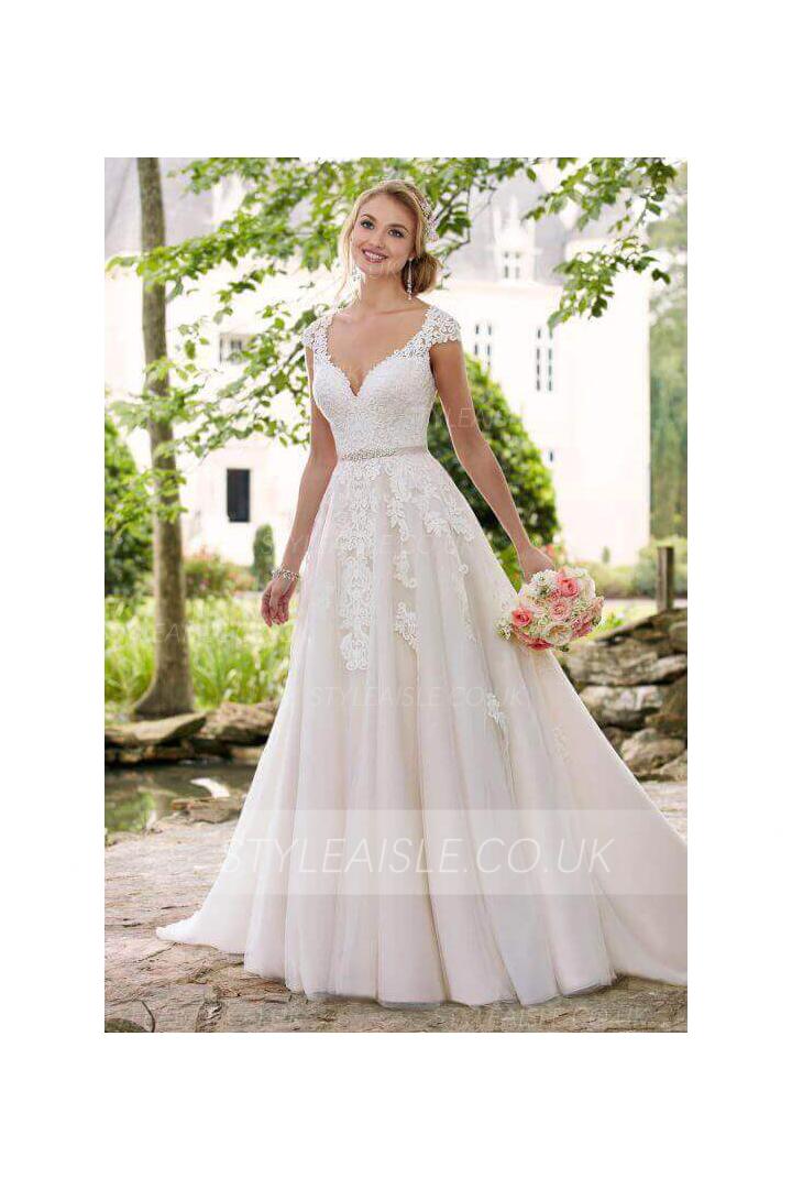 Beautiful V Neck A-line Princess Wedding Dress Lace Appliques with Sash