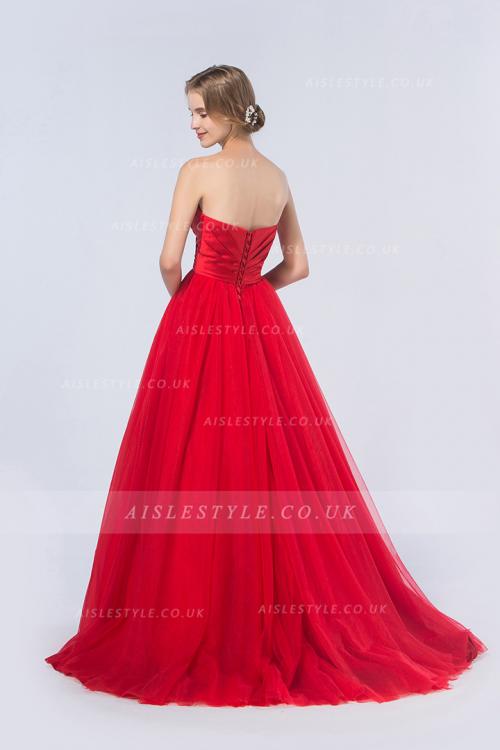 Simple A-line Strapless Pleated Long Red Satin Prom Dress