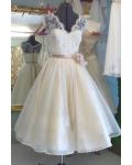 V Neck Tea Length Lace Detailling A-line Organza Short Wedding Dress with Flower Ribbon 