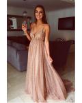 Shiny A-line Deep V-neck Sleeveless Sequins Floor-length Long Prom Dress