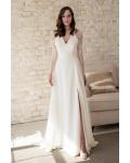  Elegant A-line V-neck Lace Long Illusion Sleeve Split Court Train Chiffon Reception Wedding Dresses