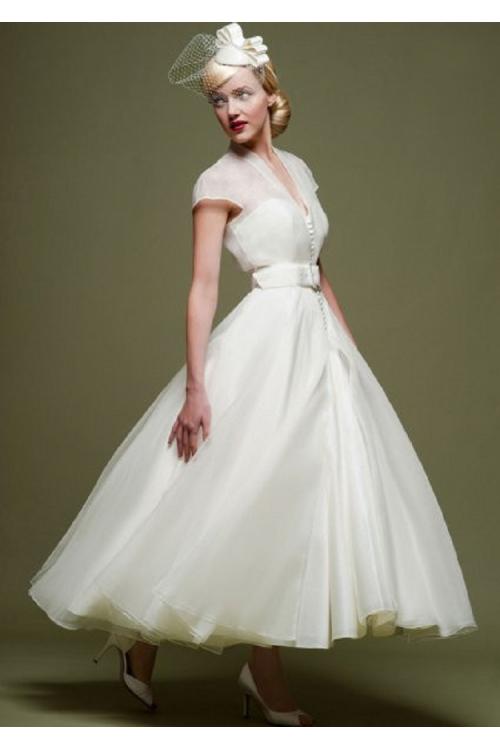 V Neck Cap Sleeved Tea Length Short Wedding Dress with Bow Ribbon 