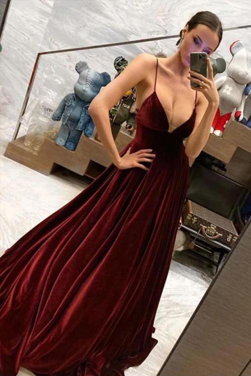 Sexy A-line Spaghetti Straps Sleeveless Floor-length Long Velvet Prom Dresses