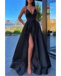  A-line V-neck Sleeveless Split Floor-length Long Satin Prom Dress