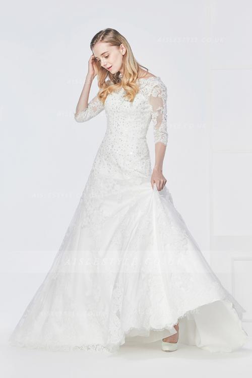 Vintage Sequins Inspired A-line Lace overlay Tulle Ivory Wedding Dress with 3/4 Long Sleeves