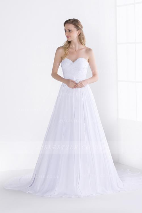 Simple Long White Chiffon Pleated Bodice Sweetheart Long Chiffon Wedding Dress