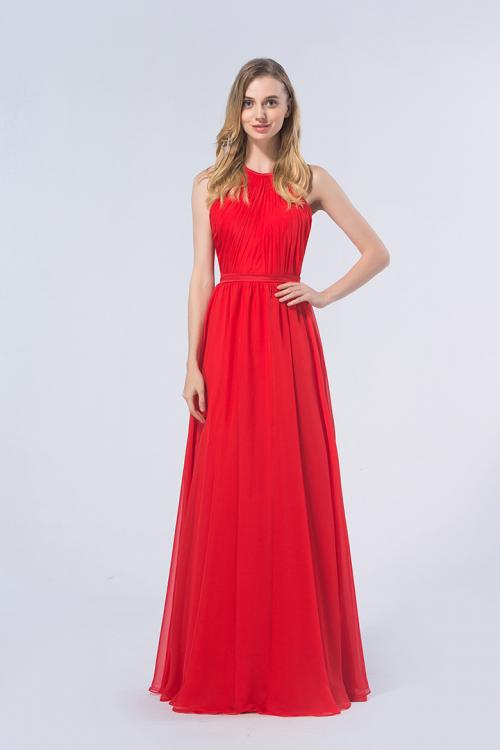 Red A-line Halter Sleeveless Long Red Chiffon Bridesmaid Dress