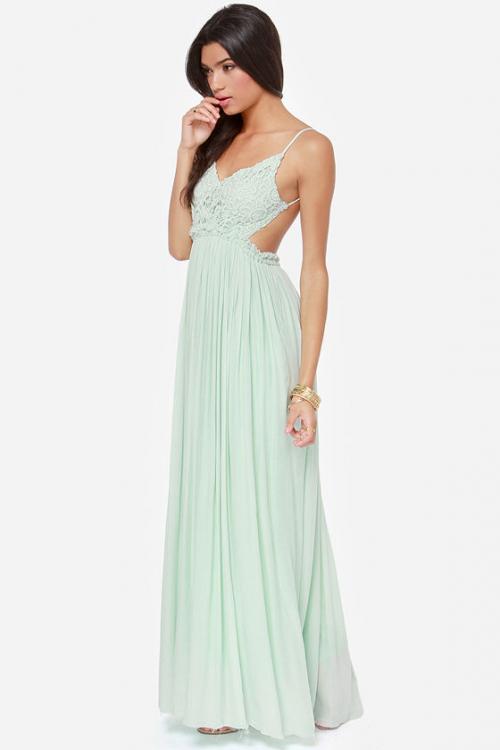 Backless Lace Bodice Spaghetti Straps Long Chifon Bridesmaid Dress 