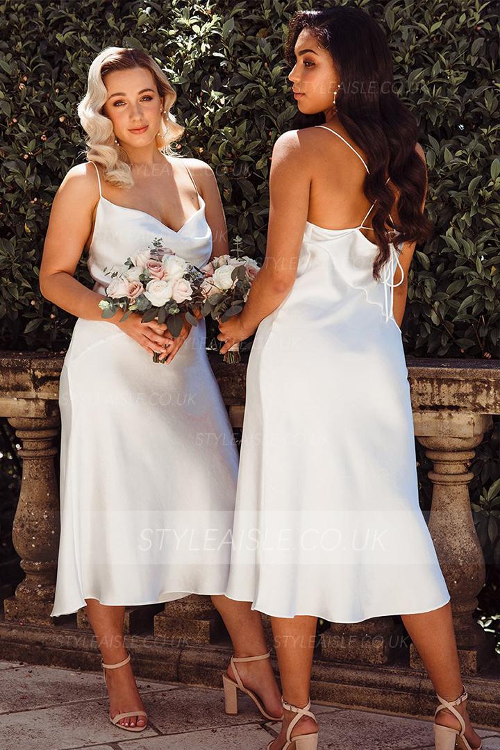  Sheath/Column Spaghetti Straps Sleeveless Tea-length Long Charmeuse Bridesmaid Dresses
