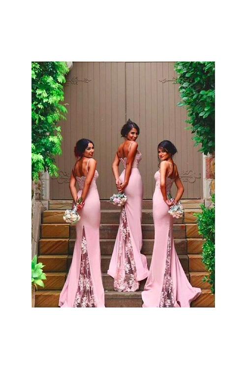 Popular Spaghetti Straps Long Jersey Bridesmaid Dress with Lace 