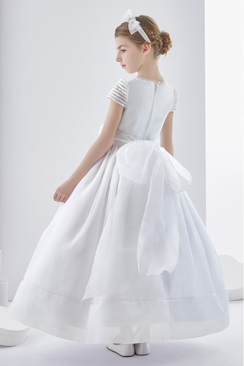 Short Sleeve Ball Gown Long Orgazna First Communion Dress with Flowers and Bow 