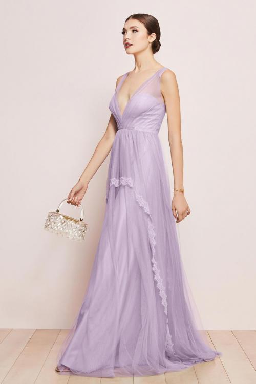  A-line V-neck Sleeveless Lace Floor-length Dusty Blue Long Tulle Prom Dresses