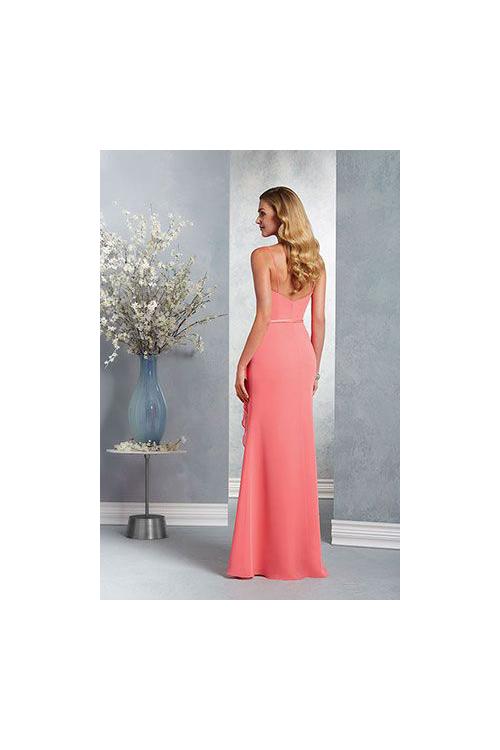 Coral Sleeveless V Neck Sheath Long Chiffon Bridesmaid Dress with Sash