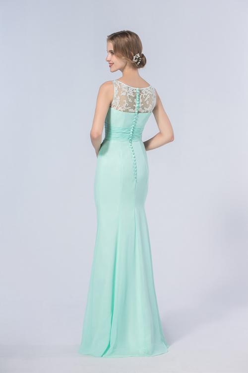 Illusion Scoop Neck Lace Appliqued Sheath Mint Green Chiffon Long Bridesmaid Dress 